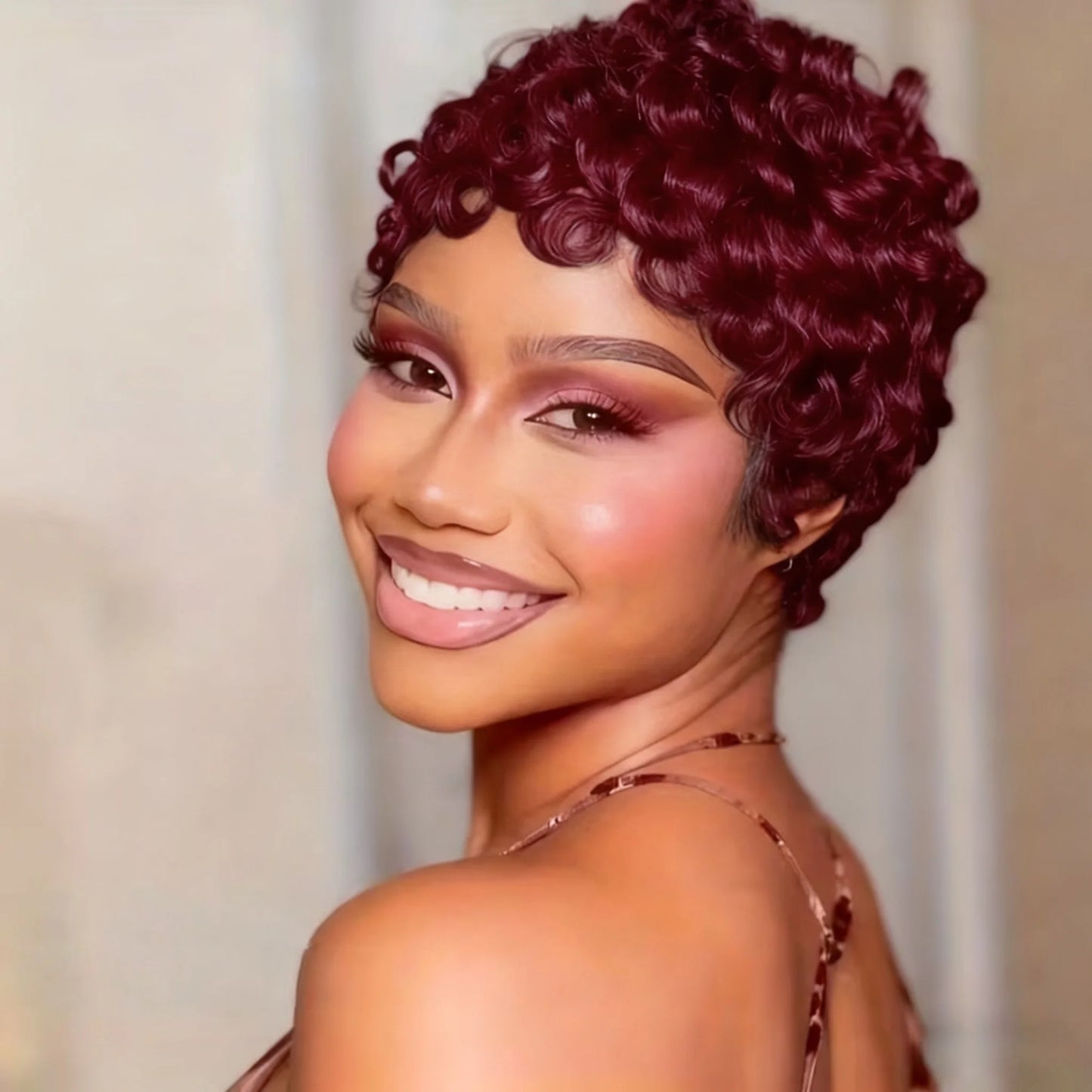 Brazilian Human Hair Wig Short Pixie Cut with Bang Loose curly Hair for Daily Wear Women Full Machine Wig