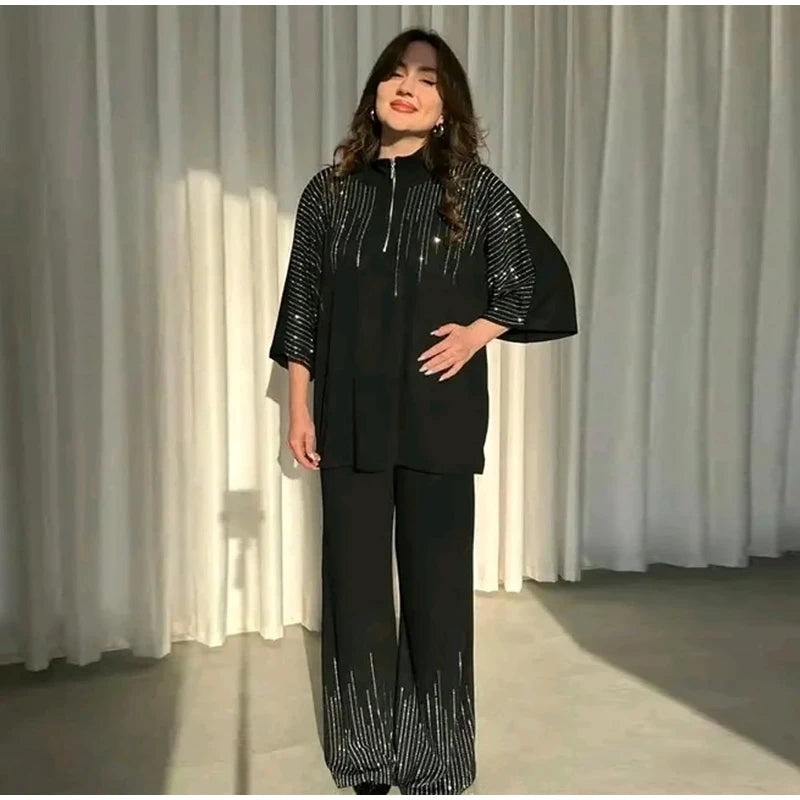 Elegant Casual Sequin Two Piece Top And Pants Set For Women