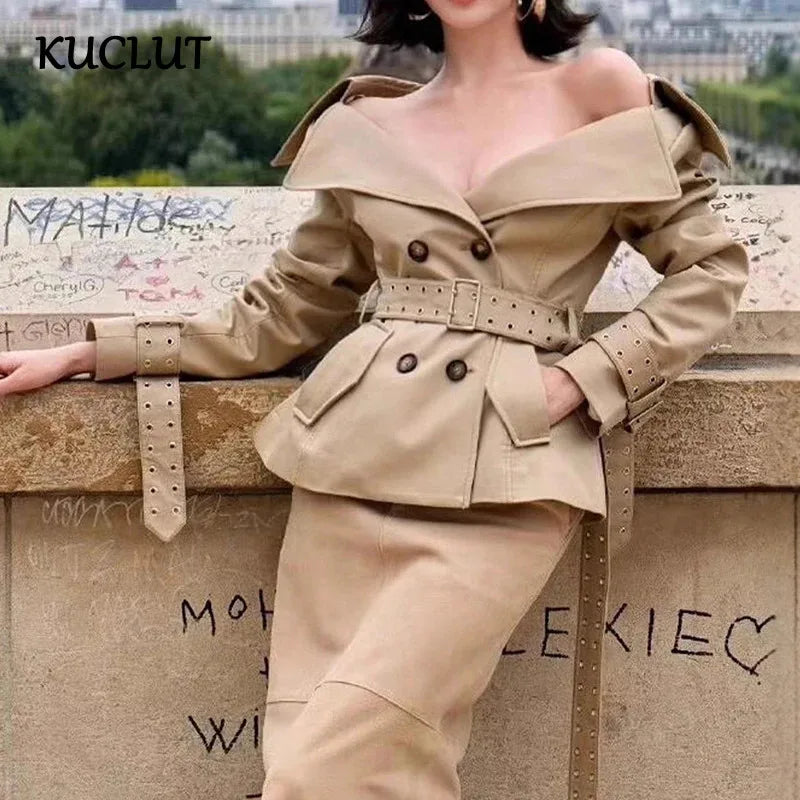 KUCLUT Fashion Elegant Versatile Large Lapel Waist Double-Breasted Short Trench Coat For Women Wrapped Hip Skirts Female 1A800