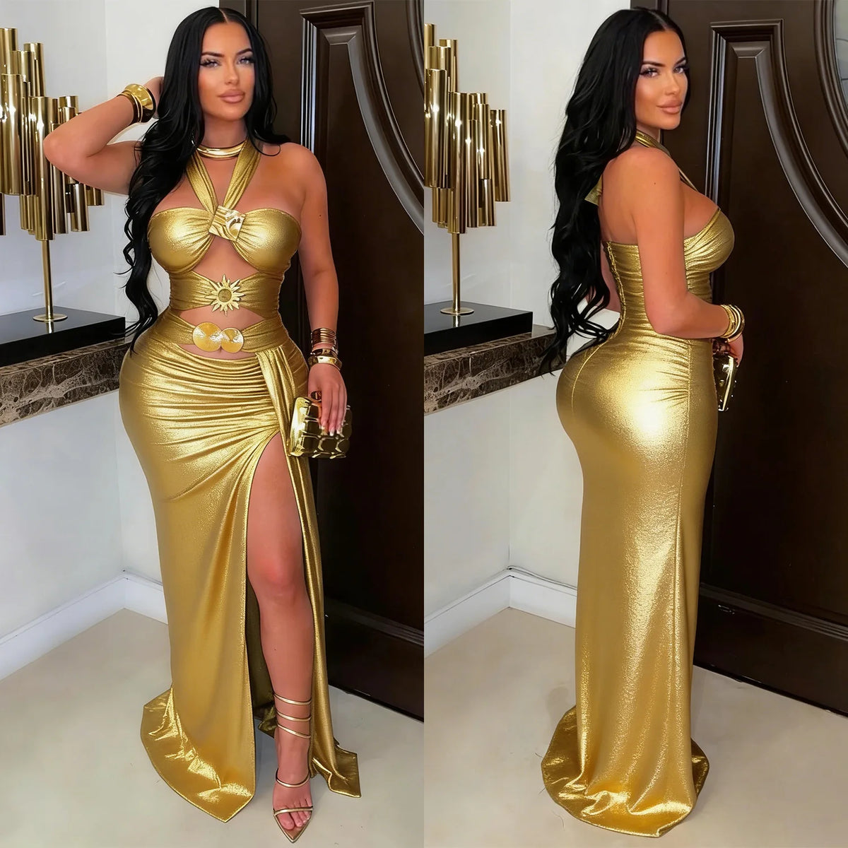 Sleeveless Halter Backless Slit Bodycon Maxi Dress for Women