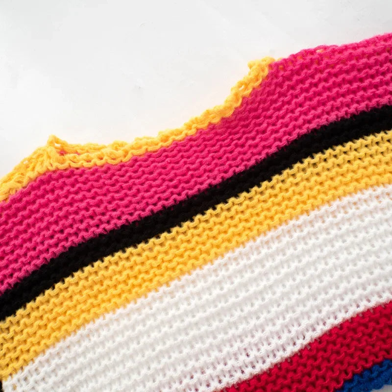 Rainbow Check Cropped Long Sleeve Knit Sweater for Women