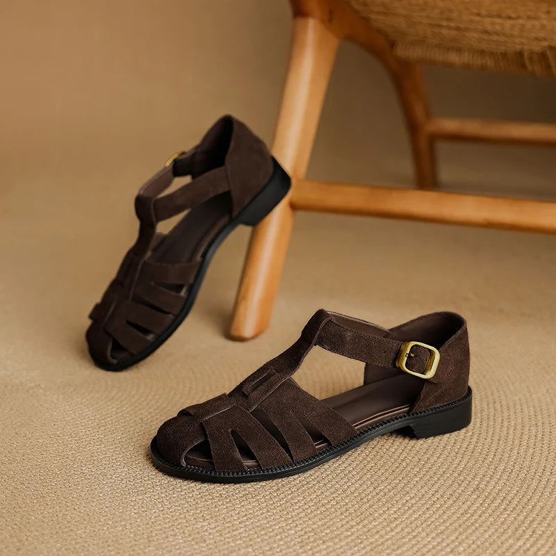 Retro Cowsuede Buckle Strap Closed Toe Sandals for Women