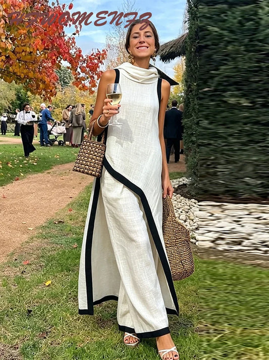 Hooded Sleeveless Blouse And Wide Leg Trousers