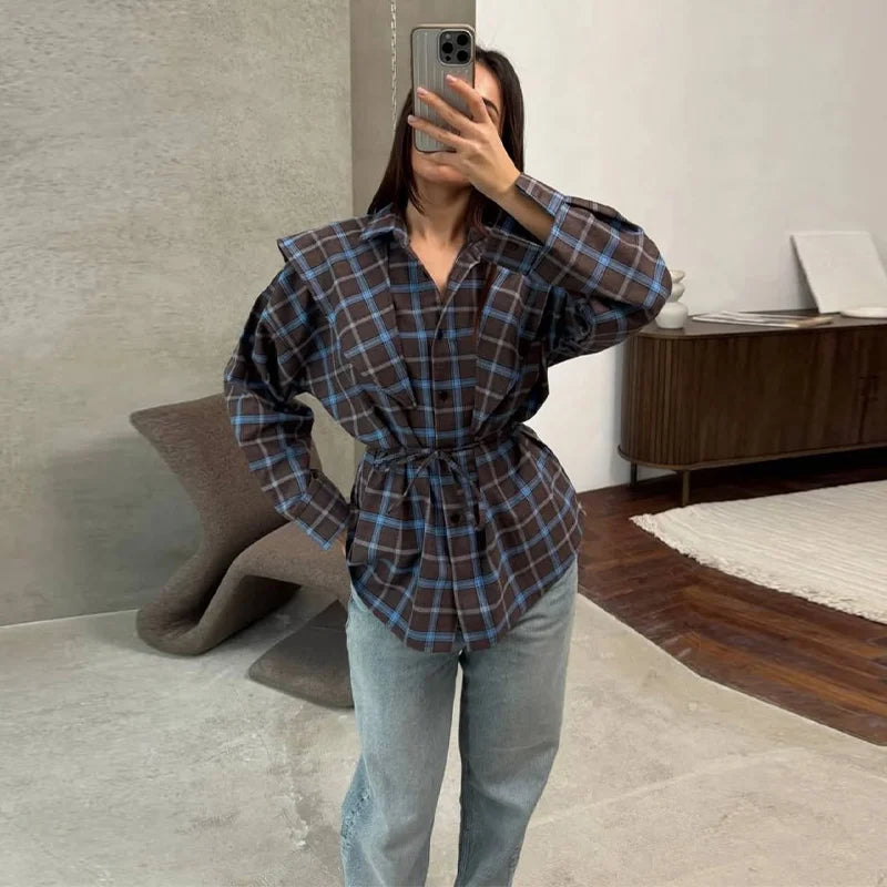 Elegant Plaid Patchwork Long Sleeve Shirt for Women