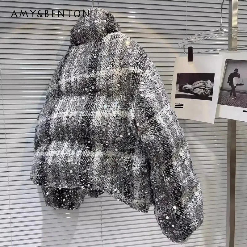 Autumn Winter New Unique Design Parkas Top Sequined Tweed Heavy Industry Soft Girls Warm Bread Jacket Down Coat Women's Clothing