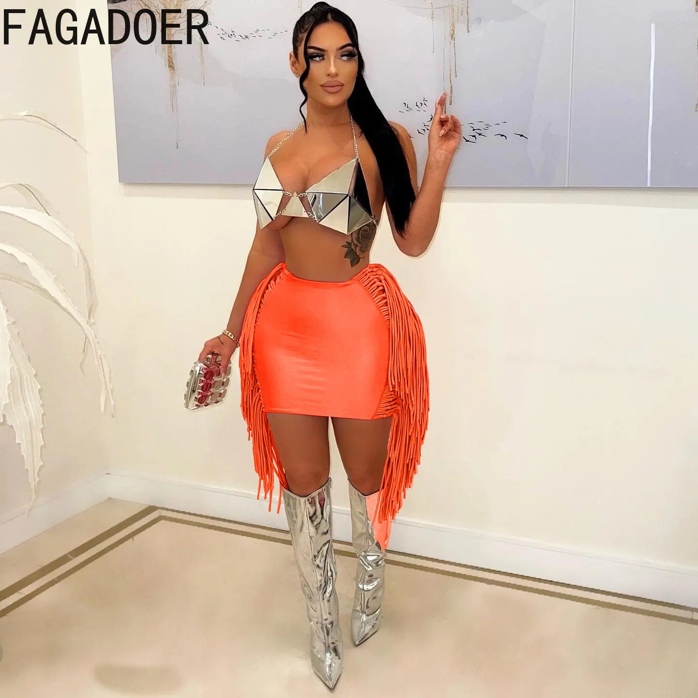 FAGADOER Sexy Tassel Bodycon Mini Skirts Party Club Outfits Women Fashion Chic Streetwear Short Birthday Holidays Skirt Solid