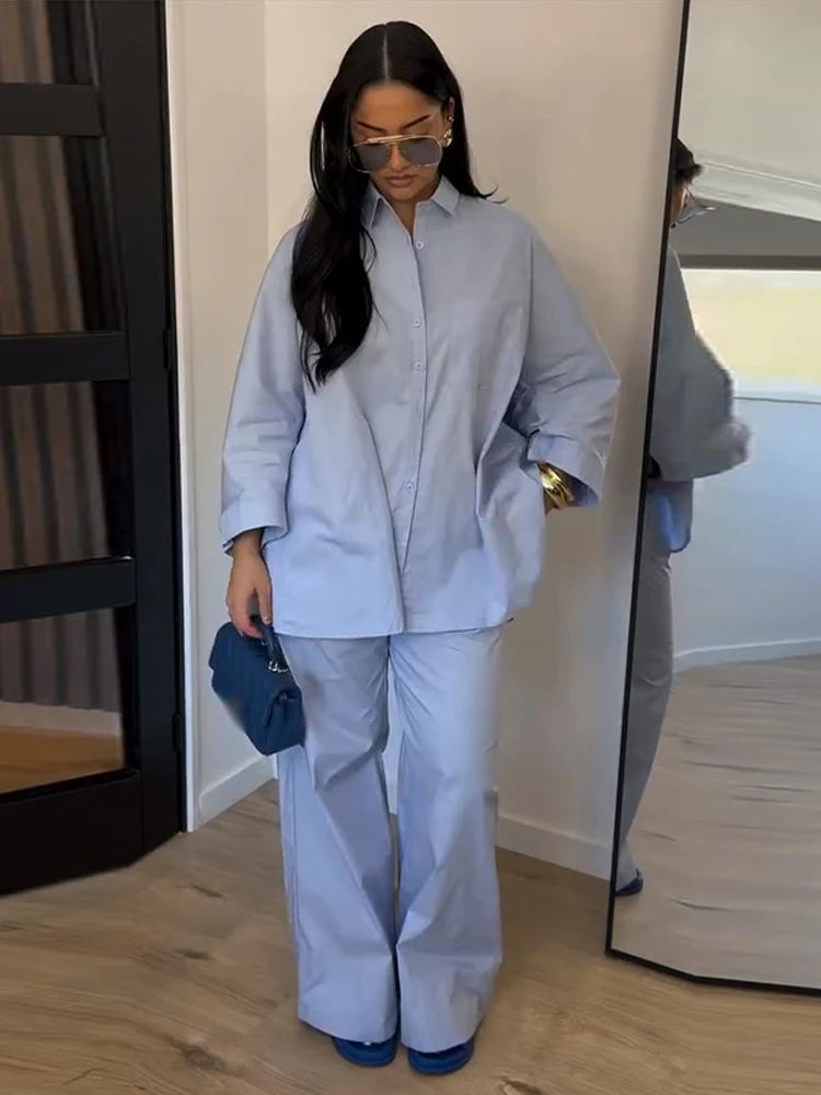Casual Solid Shirt and Wide Leg Pants Set for Women