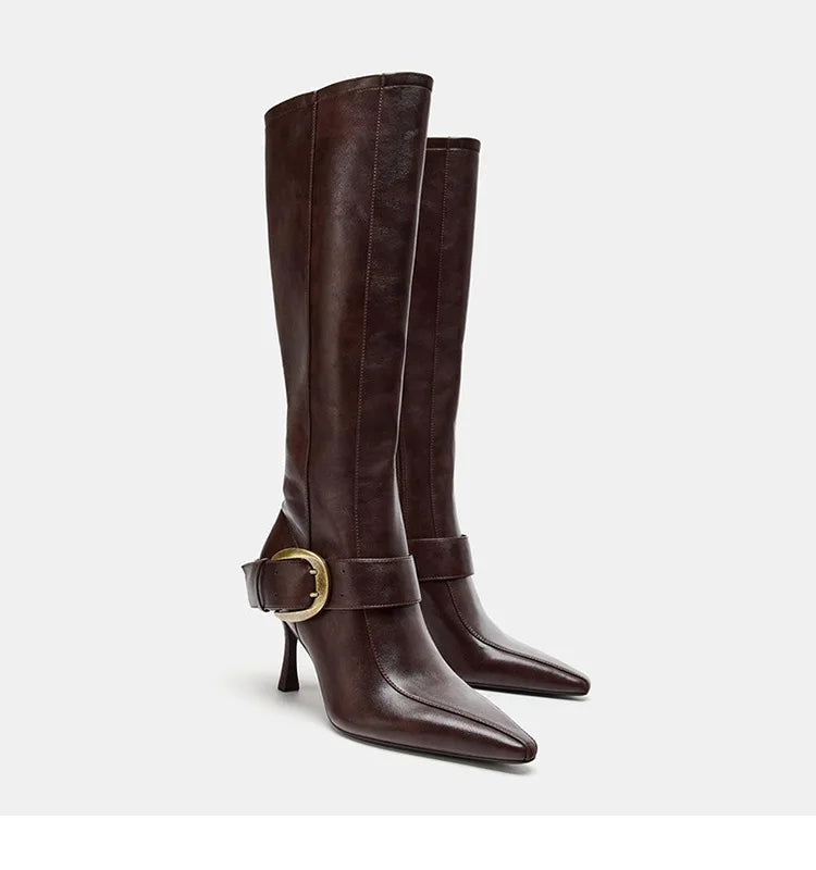 Elegant Pointed Toe Metal Buckle Mid Calf Boots for Women