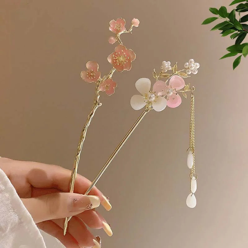Floral Crystal Tassel Hair Sticks