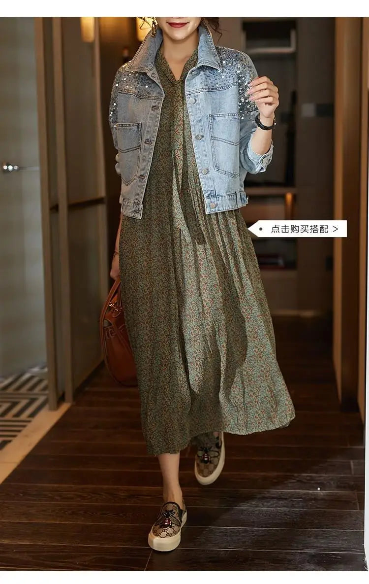 Sequin Embellished Short Denim Jacket for Women with Pockets