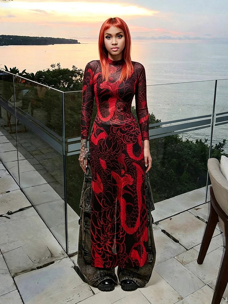 Snake Print Sheer Turtleneck Long Sleeve Top for Women