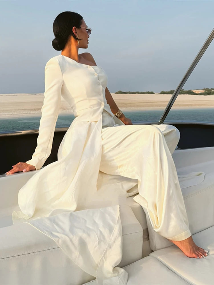 Chic White Lace Patchwork Long Blazer Set for Women