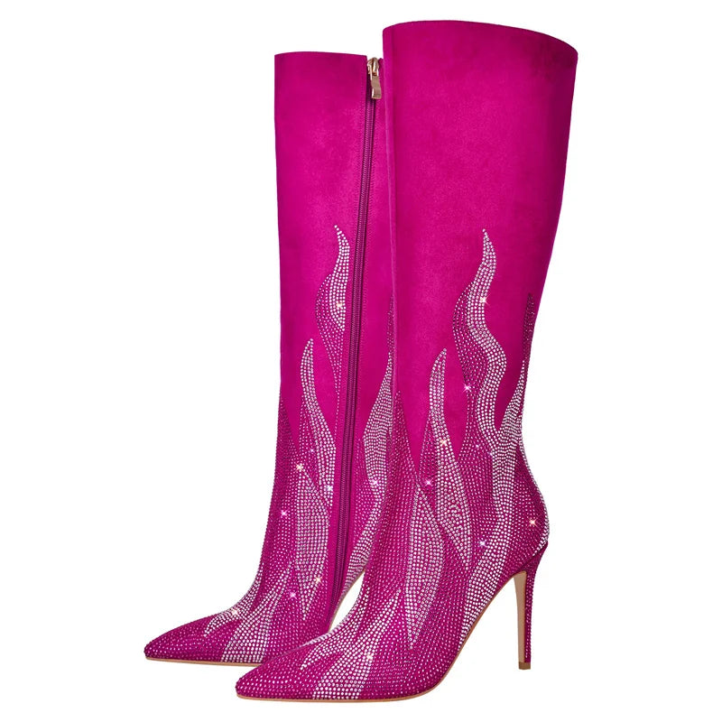 Pointed Toe Rhinestone Knee High Boots with Thin Heels for Women