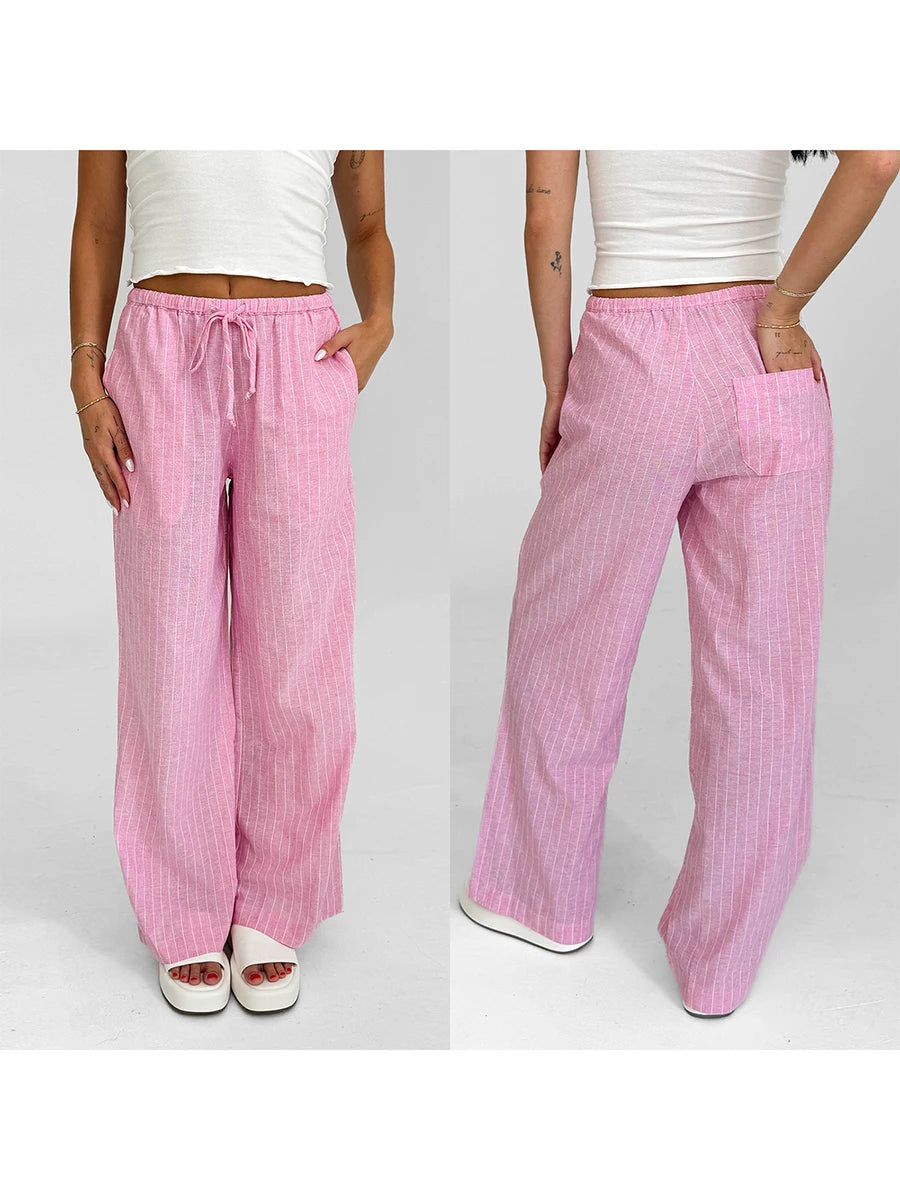 Women Loose Pants Stripe Micro-Sheer Drawstring Elastic Waist Trousers Spring Fall Casual Sweatpants Bottoms