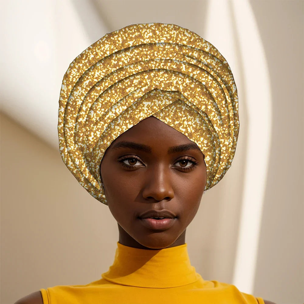 Gleaming Sequined African Print Head Wrap for Women
