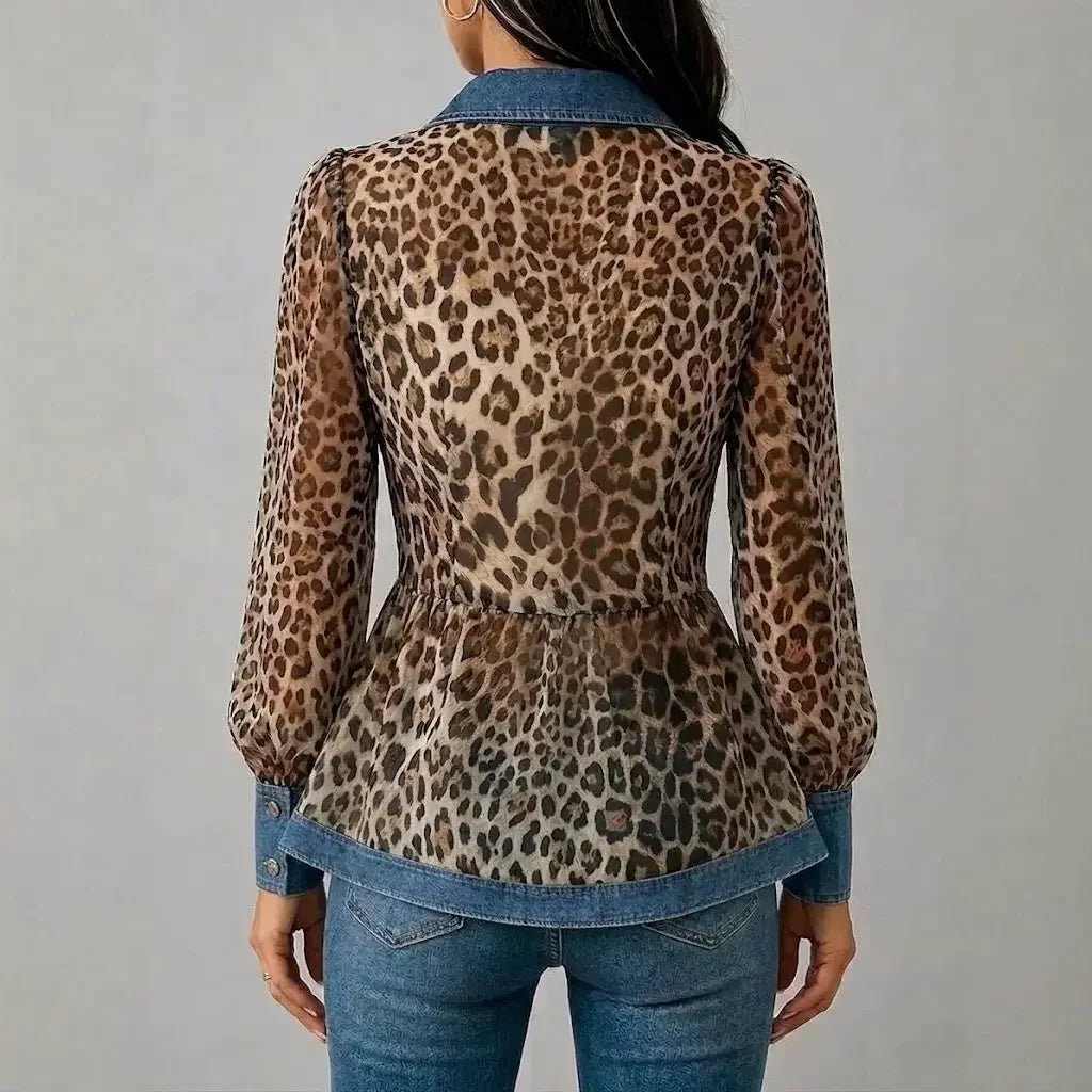 Leopard Print Chiffon Peplum Long Sleeve Blouse for Women