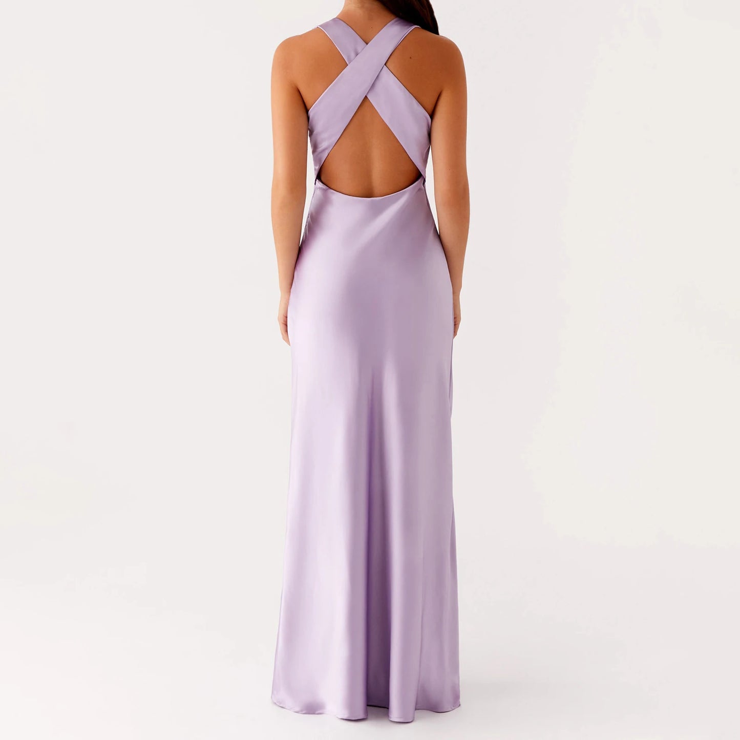 Women's Satin Halter Dress Solid Color Back Cross Elegant Slim Fit Dress for Party, Wedding
