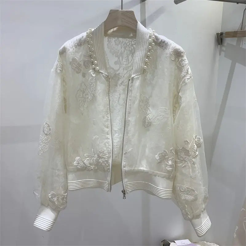 Bead Embroidered Round Neck Baseball Jacket For Women