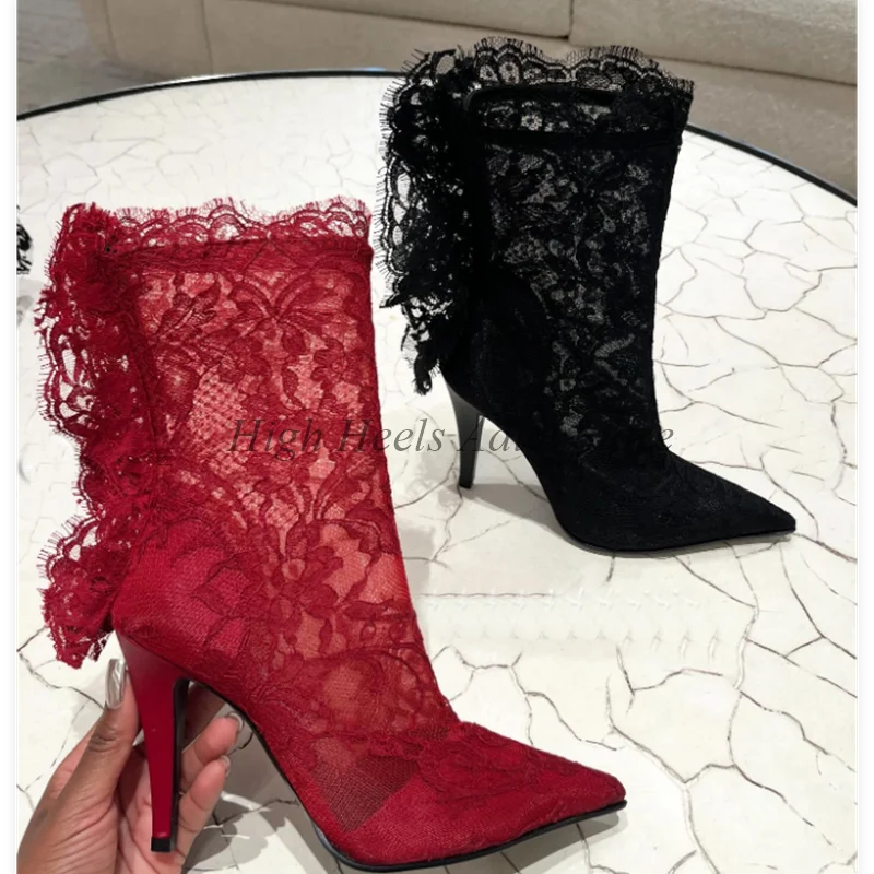 Lace Embroidered Pointed Toe High Heel Ankle Boots For Women