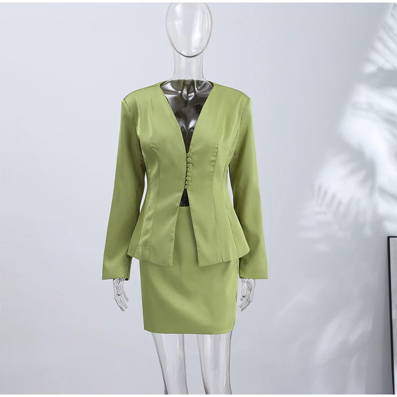 Turn-Down Collar Tailored Blazer Skirt Set for Women