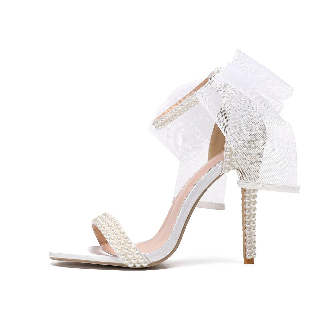 Elegant Pearl Beaded Mesh Bowknot Sandals for Women