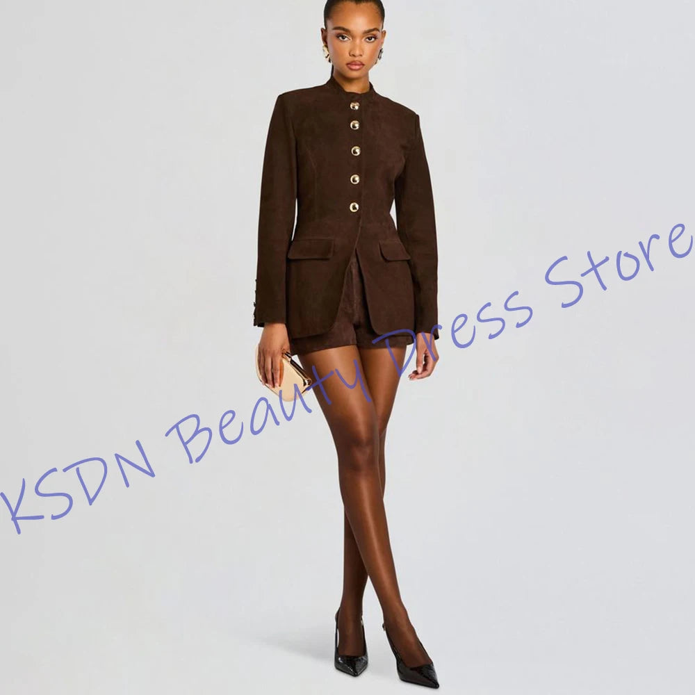 Slim Fit Suede Single Breasted Blazer And Shorts Set for Women
