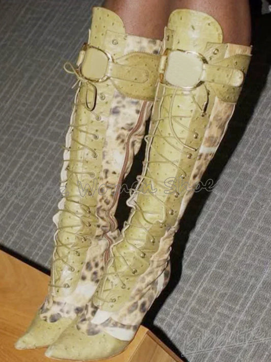 Leopard Knee High Boots Belt Buckle Lace-Up Pointy Thin Heels Luxury Elegant Concise Sexy Fashion Novelty Mixed Color Shoes New