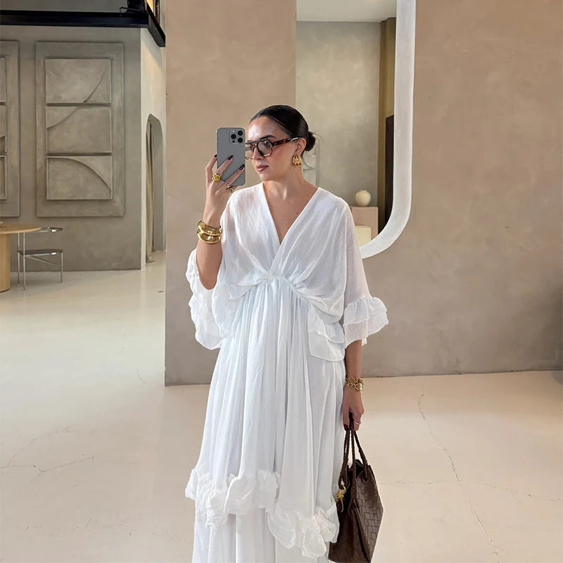 Ruffled V Neck Pleated Ankle Length Dress for Women