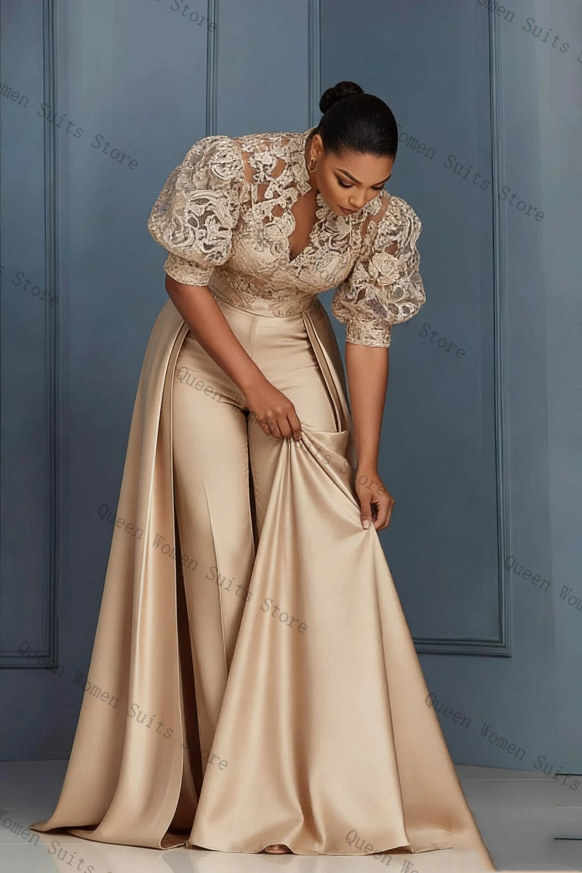 Elegant Champagne Lace Trim Blazer And Pants Suit Set For Women