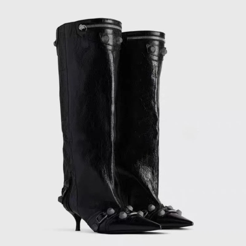 Punk Style Knee-High Rivet Detail Motorcycle Boots for Women