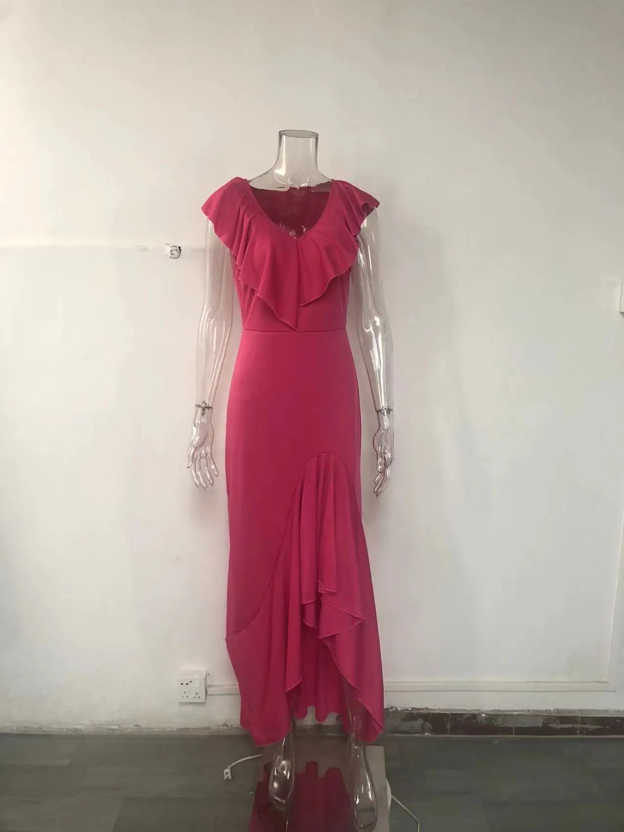 Elegant V-Neck Ruffle Hem Asymmetrical Dress European Style Women's Fashion 2026 Gown Classy Eveningwear