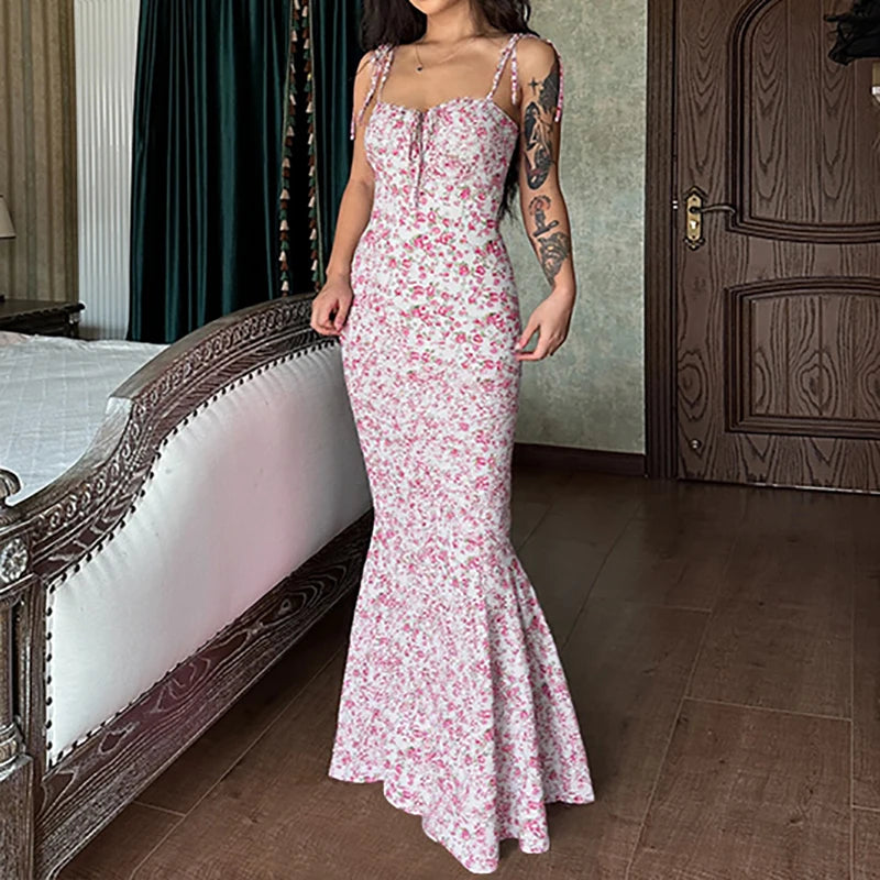 Sleeveless Floral Print Lace Up Backless Maxi Dress for Women