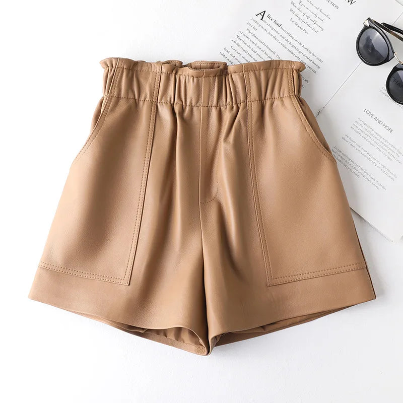 Genien Leather Shorts For Women 2025 New Fashion Elestic High Waist Short Pants Female Streetwear Shorts Casual Style