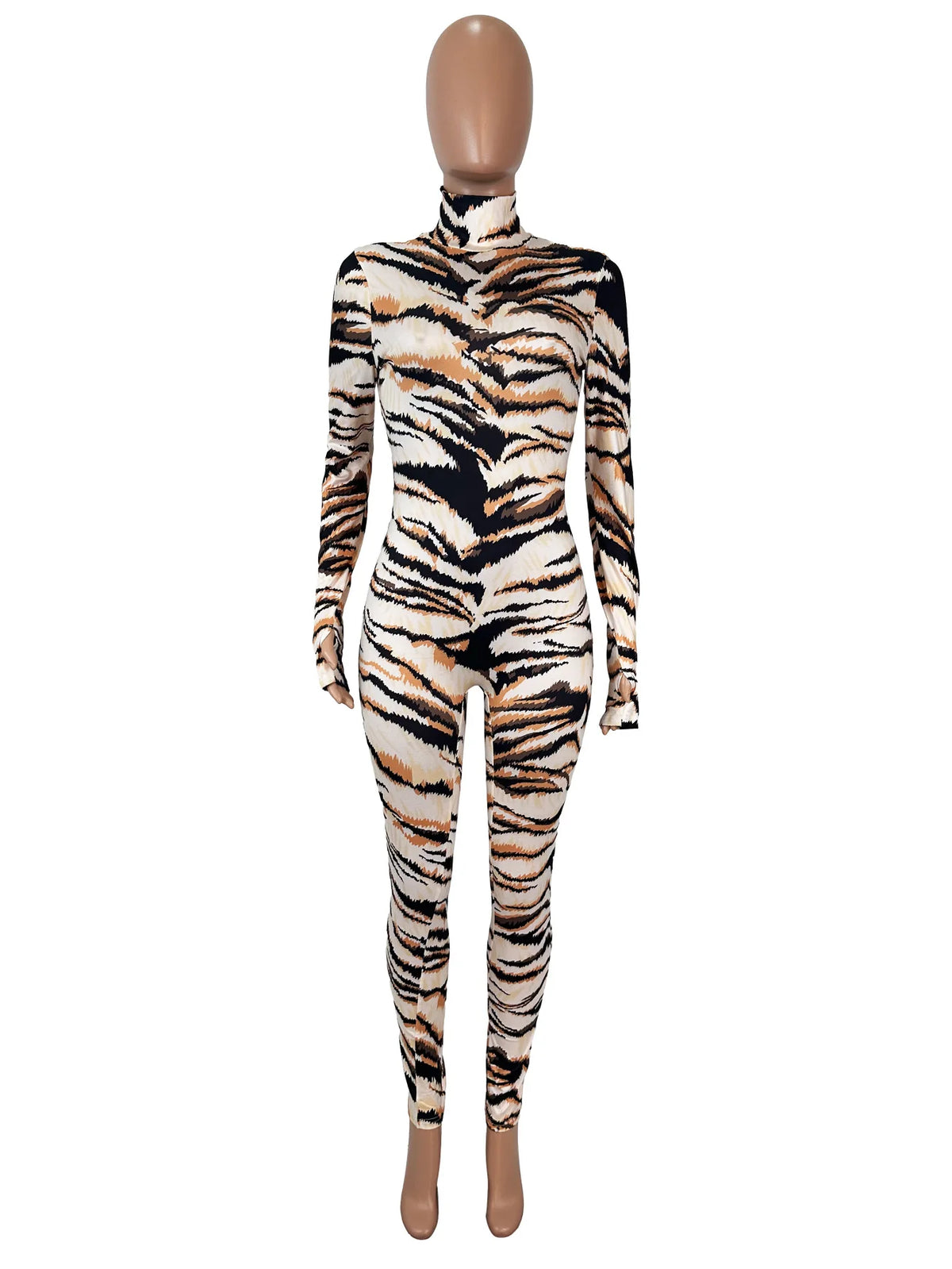 Tiger Print Patchwork Long Sleeve Bodycon Jumpsuit for Women