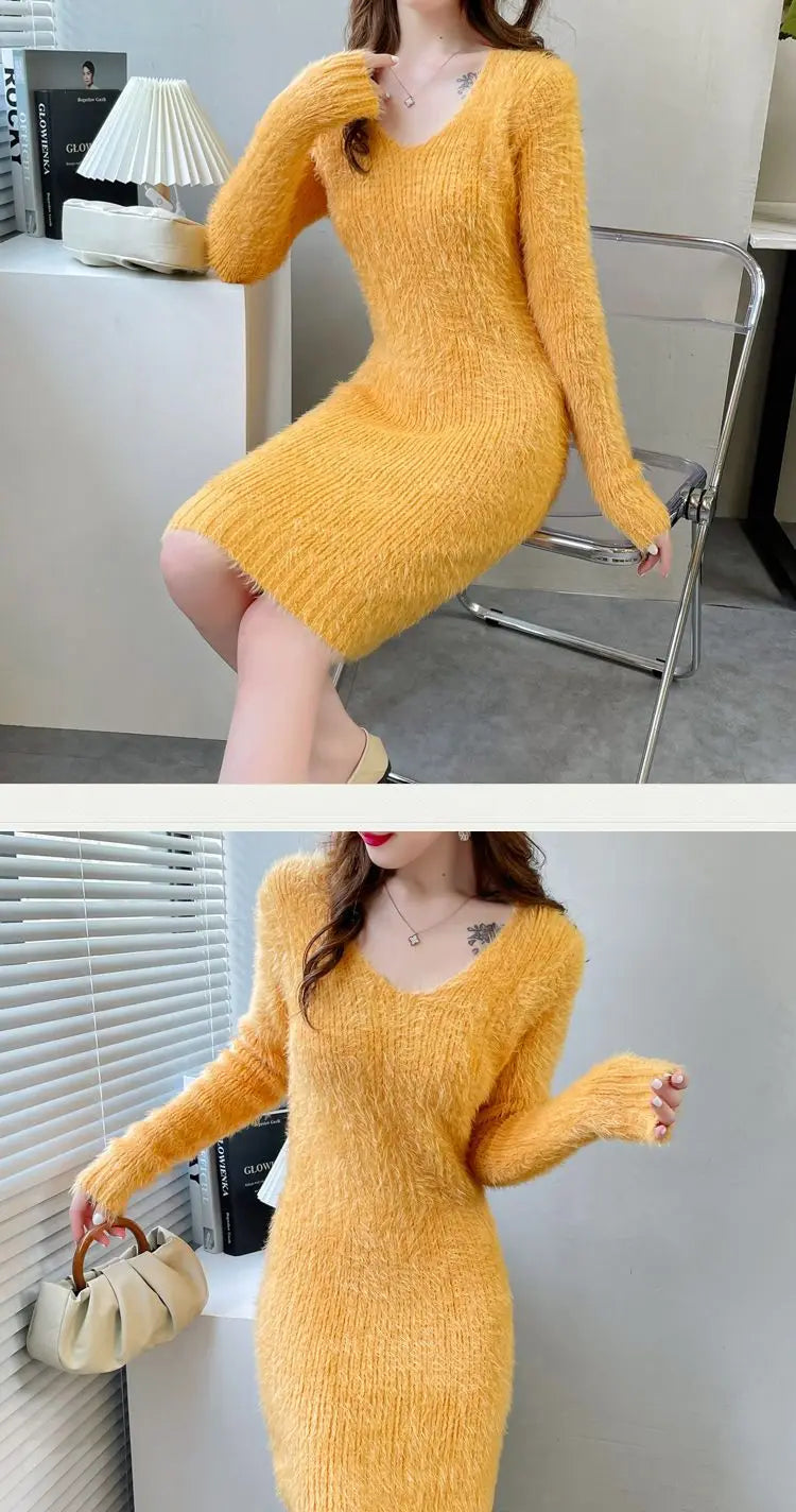 Cozy Faux Mink Knit Sweater Dress