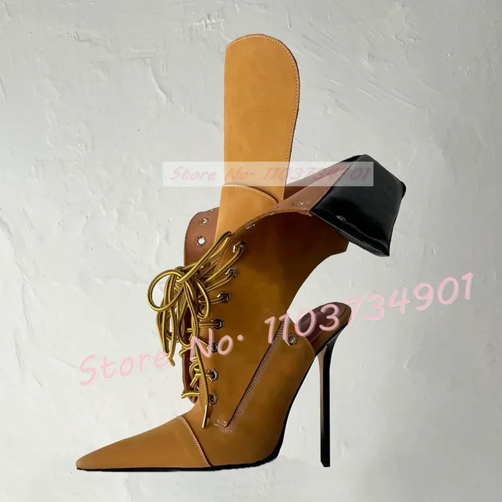 Yellow Pointed Toe Lace Up Stiletto Booties For Women