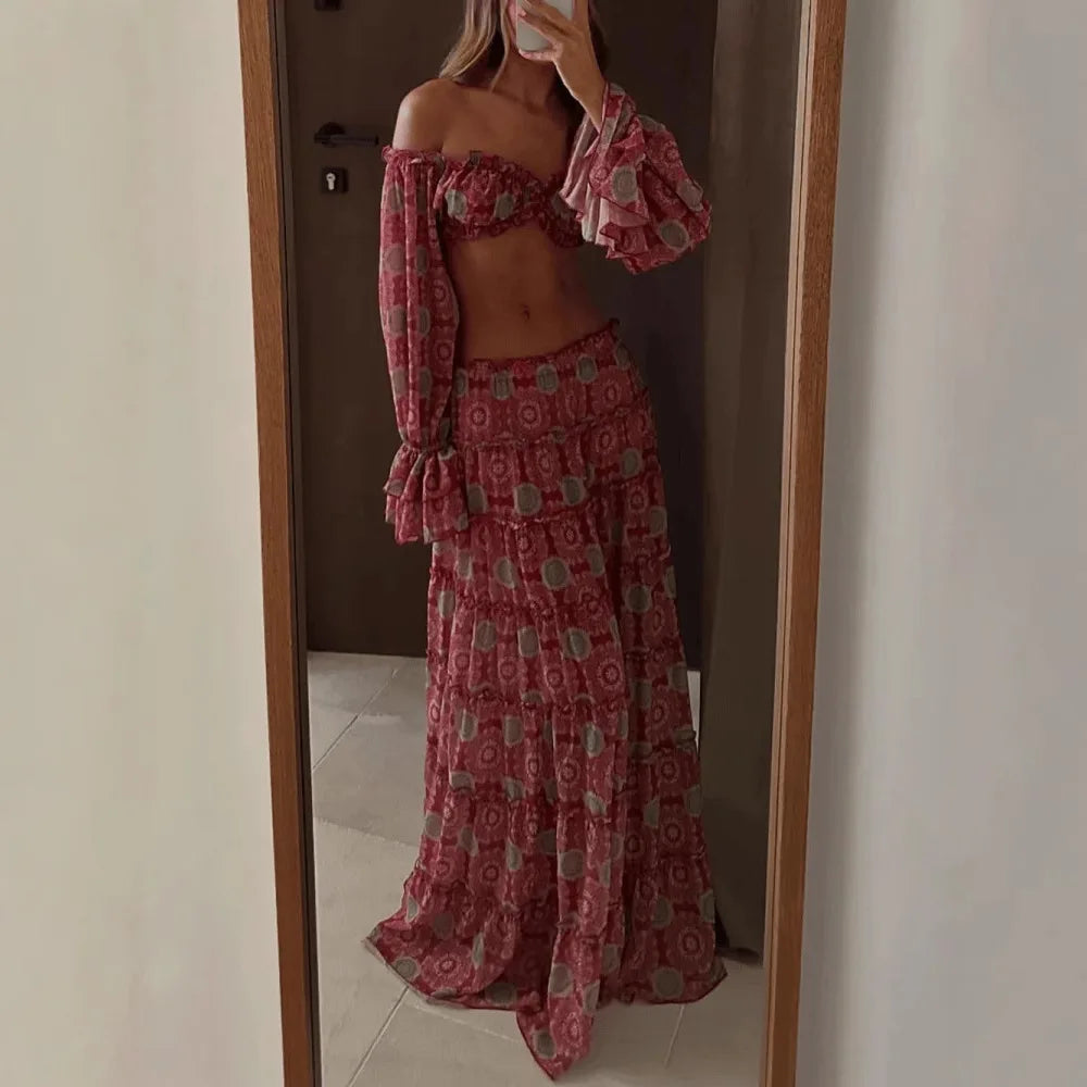 Vintage Print Off Shoulder Cropped Top Two Piece Set for Women