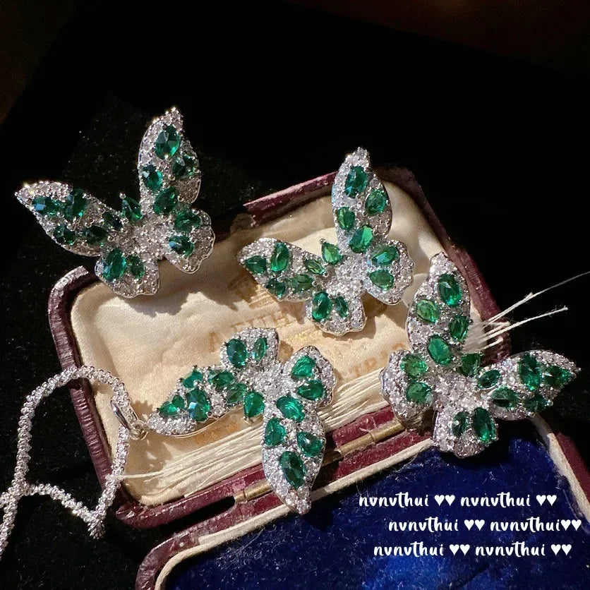 Green Zircon Butterfly Necklace, Ring, and Earring Set for Women