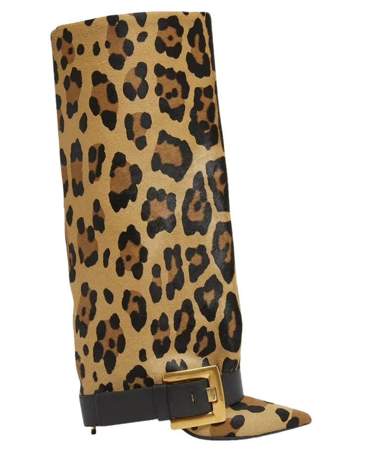 Design Women Metal High Heel Pointed Toe Belt Buckle Knee High Boots Sexy Women Pointy Gold Belt Buckle Knee Boots Plus Size 46