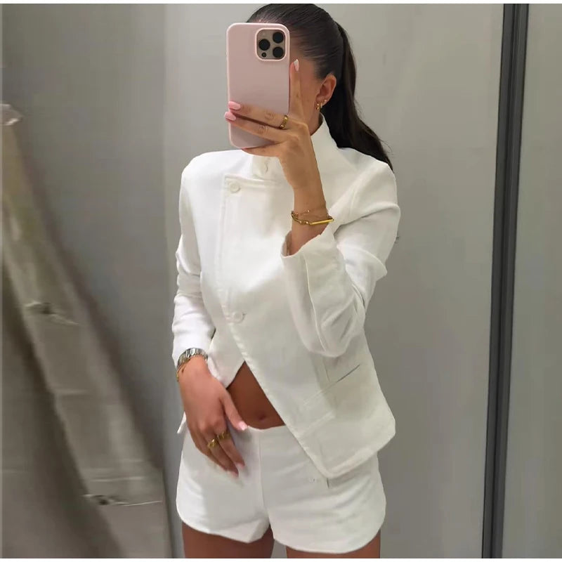 Casual Stand Collar Jacket and Shorts Set for Women