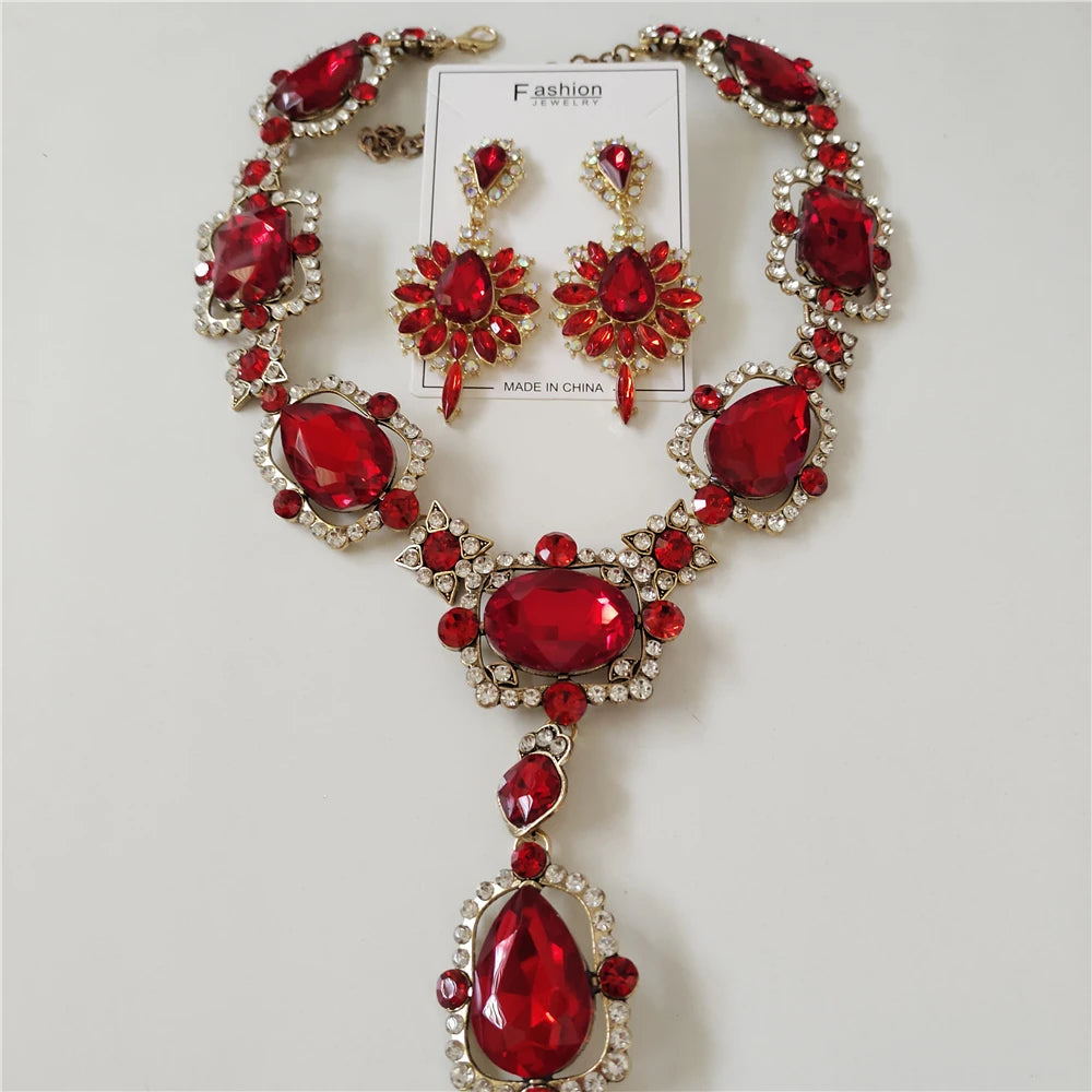 Red Crystal Statement Necklace and Earrings Set for Women
