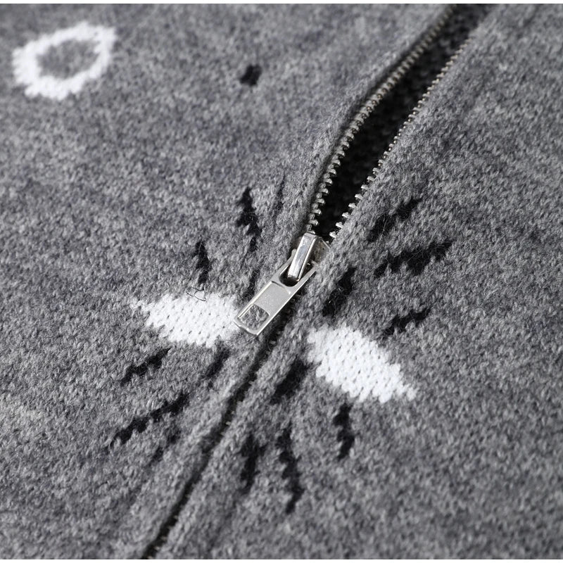 Gray Jacquard Knit Loose Cardigan Long Sleeve Casual for Women