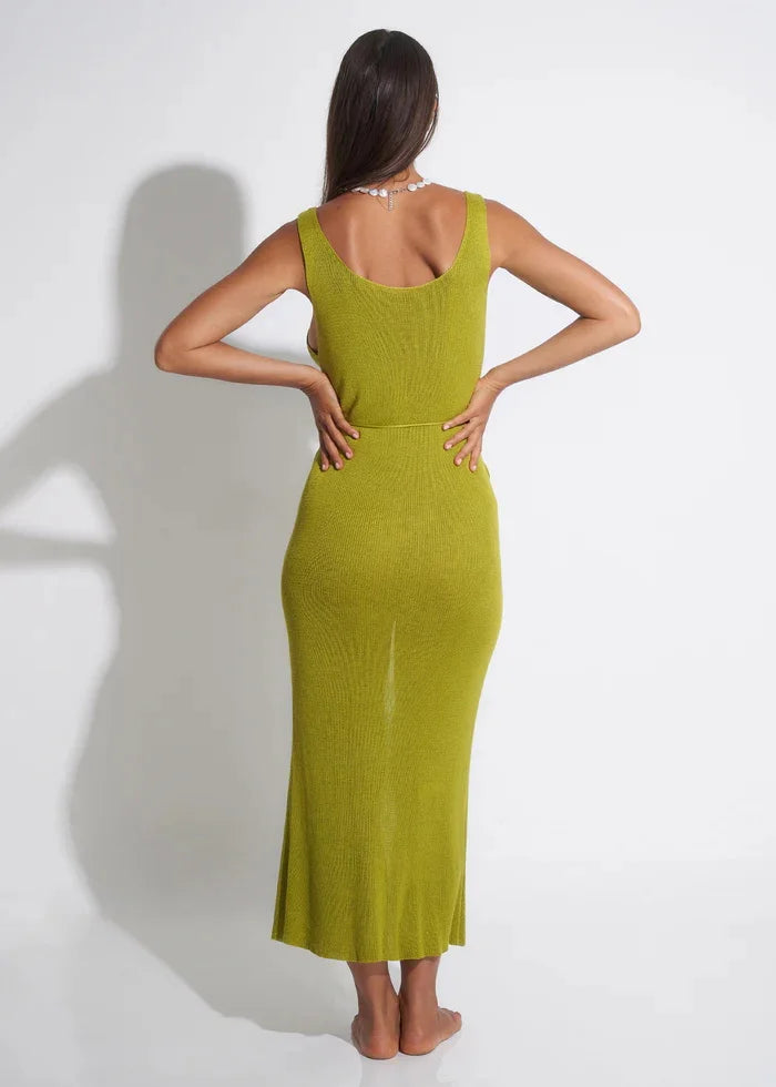 Women's Sexy Knit V-neck Lace-up Sleeveless Wrap Beach Maxi Dress 2025 Summer Seaside Swimsuit Cover Up Bodycon Dresses K184