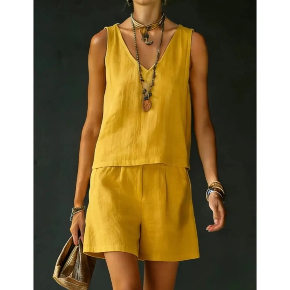 Cotton Linen Summer Casual Vest and Shorts Set for Women