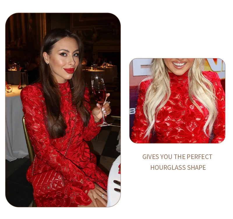 Retro Glamour Red Lace Waist-Cinched Mini Dress for Women