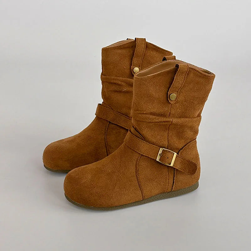 Retro Suede Buckle Slip On Western Ankle Boots for Women