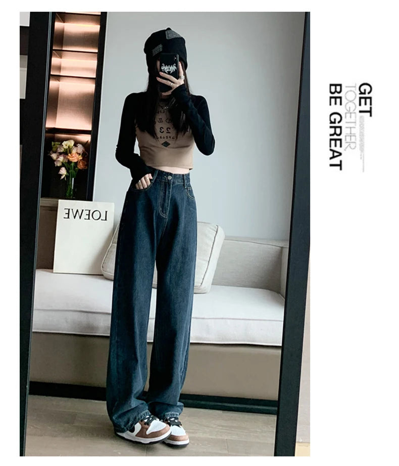 High Waist Casual Wide Leg Straight Jeans for Women