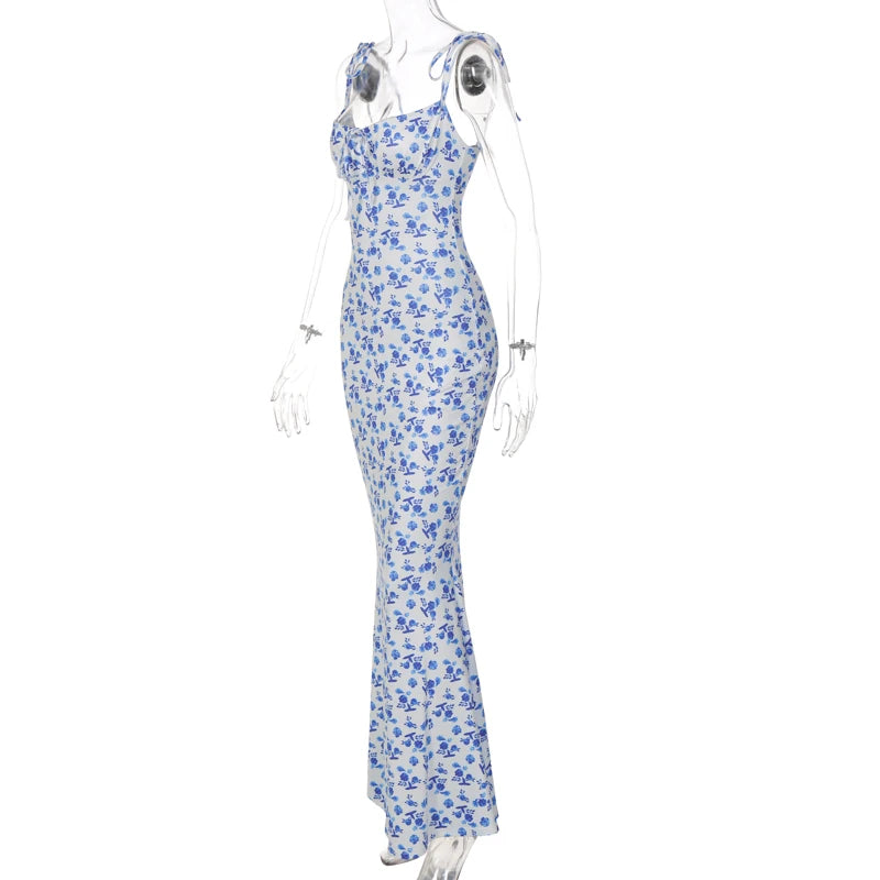 Sleeveless Floral Print Lace Up Backless Maxi Dress for Women