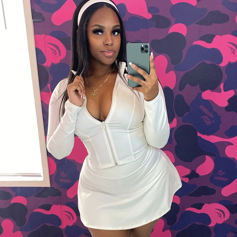 FAGADOER Sexy Sporty 2 Pieces Set for Woman Zipper Long Sleeve Jacket Tops + Pleated Skirts Tracksuits Female Streetwear 2025