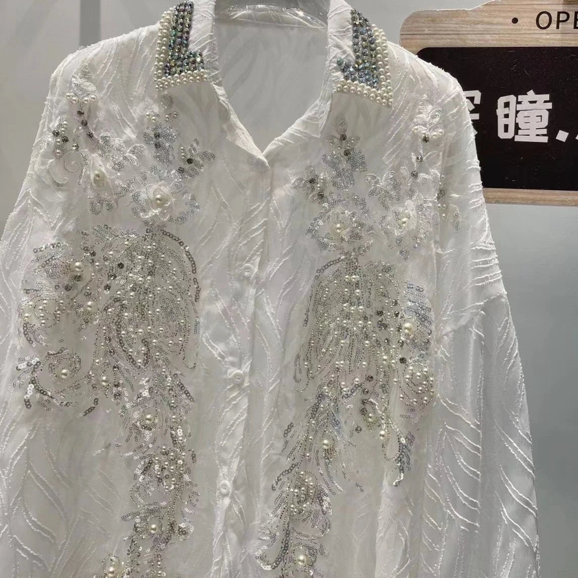 Sequined Embroidery Chiffon Long Sleeve Blouse for Women